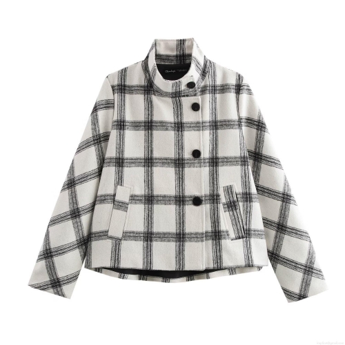 Women's European American Fashion Stand Collar Plaid Long Sleeve Jacket Coat Trendy Spring Streetwear Outwear With Buttons Black White Checkered Top