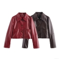 Women Fashion Short PU Leather Jacket Vintage Lapel Single Breasted Long Sleeve Faux Leather Outwear With Pockets Streetwear Bomber Jacket For Women