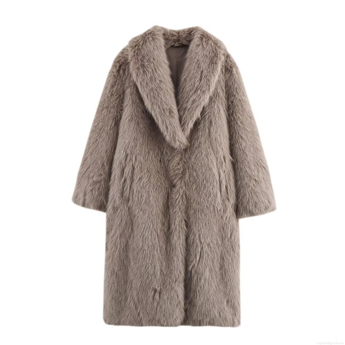 Women's Elegant Faux Fur Coat Long Hair Warm Soft Thick Polyester Outerwear Fashion Europe Style Lapel Button Trench Coat For Winter Spring Streetwear
