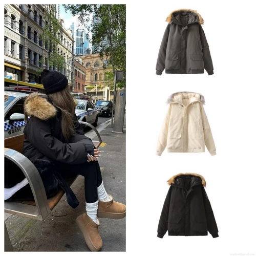 Women's American Retro Hooded Parka With Faux Fur Collar Thicken Warm Polyester Cotton Padded Jacket Streetwear Winter Coat