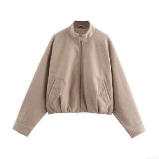 Women Stand Collar Woolen Jacket Solid Color Metal Zipper Short Coat Long Sleeve Casual Street Style Outwear Pocket Bomber Jacket