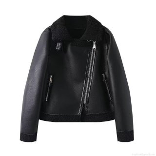 Women's Faux Leather Shearling Jacket Black PU Moto Biker Coat With Faux Fur Trim Lapel Zipper Long Sleeve Outerwear For Autumn Winter Streetwear