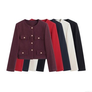 Women's Vintage Tweed Jacket Elegant Round Neck Gold Button Coat 100% Polyester Short Outerwear For Office Lady Daily Party Casual