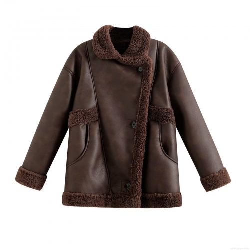 Women's Vintage Brown Faux Leather Shearling Jacket Moto Biker Coat Winter Warm Long Sleeve Lapel Button Outwear Streetwear Fashion Coat