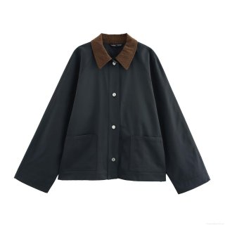 Women's Fashion PU Leather Jacket With Brown Corduroy Collar Single Breasted Mid Length Long Sleeve Streetwear Coat For Spring Autumn Outerwear