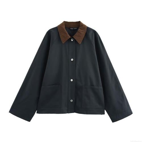 Women's Fashion PU Leather Jacket With Brown Corduroy Collar Single Breasted Mid Length Long Sleeve Streetwear Coat For Spring Autumn Outerwear