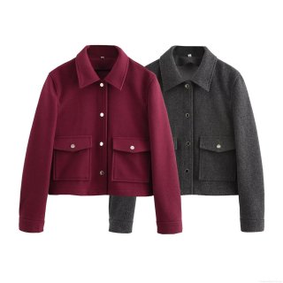 Women's Fashion Polyester Woolen Texture Jacket Short Lapel Double Pocket Coat Single Breasted Long Sleeve Outerwear For Casual Party Streetwear Lady