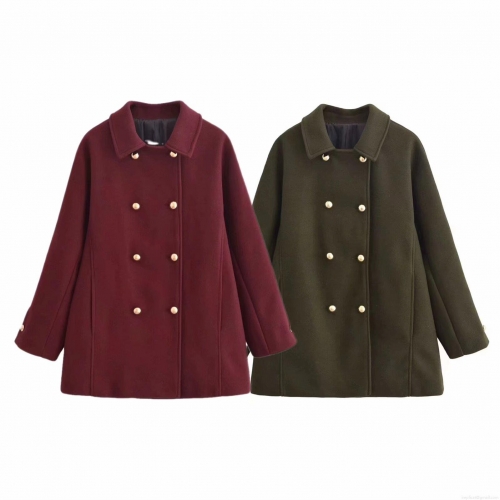 Women's Fashion Double Breasted Woolen Coat Long Sleeve Lapel Mid-Length Jacket Solid Color Overcoat With Golden Buttons For Streetwear Autumn Winter