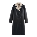 Women Fashion Faux Leather Long Coat With Lamb Wool Lining Double Breasted Lapel Winter Warm Trench Jacket Streetwear Outwear