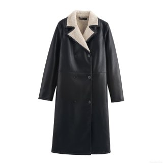 Women Fashion Faux Leather Long Coat With Lamb Wool Lining Double Breasted Lapel Winter Warm Trench Jacket Streetwear Outwear