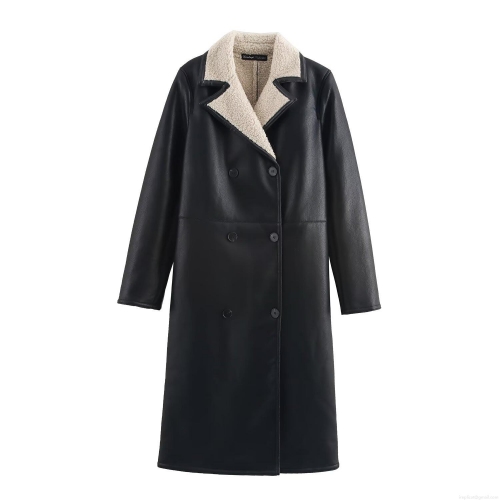 Women Fashion Faux Leather Long Coat With Lamb Wool Lining Double Breasted Lapel Winter Warm Trench Jacket Streetwear Outwear
