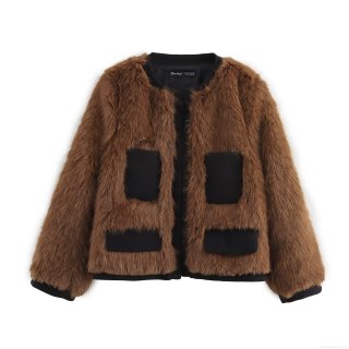 Women Fashion Faux Fur Jacket Dark Brown Round Neck Long Sleeve Button Coat Streetwear Autumn Winter Warm Outerwear With Black Trim