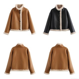 Women's Faux Mink Fur Shearling Jacket PU Leather Patchwork Short Coat Warm Stand Collar Button Down Outerwear Streetwear Autumn Winter