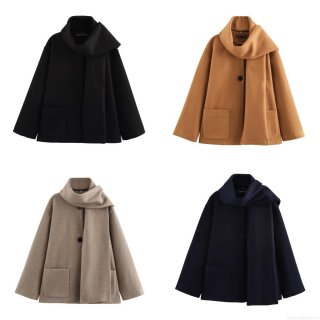 Women's Scarf Collar Woolen Coat Solid Color Long Sleeve Jacket With Big Pockets Fashion Outerwear For Fall Winter Street Style