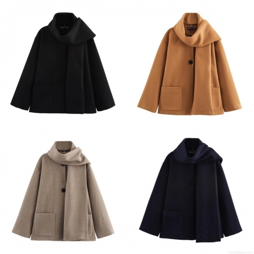 Women's Scarf Collar Woolen Coat Solid Color Long Sleeve Jacket With Big Pockets Fashion Outerwear For Fall Winter Street Style