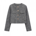 Women's Short Tweed Jacket Long Sleeve Round Neck Polyester Outerwear With Gold Buttons Casual Streetwear Cropped Top For Women Grey