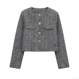 Women's Short Tweed Jacket Long Sleeve Round Neck Polyester Outerwear With Gold Buttons Casual Streetwear Cropped Top For Women Grey