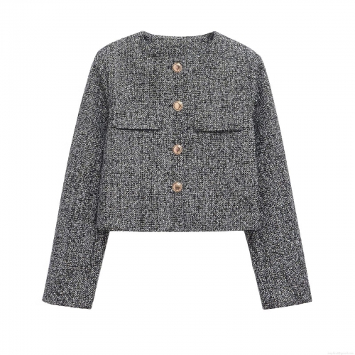 Women's Short Tweed Jacket Long Sleeve Round Neck Polyester Outerwear With Gold Buttons Casual Streetwear Cropped Top For Women Grey