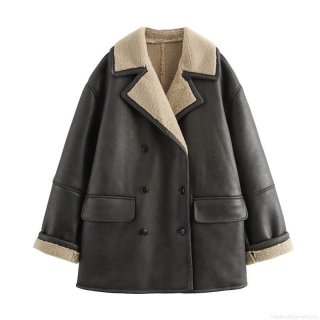 Women's Faux Shearling PU Leather Jacket Double Breasted Warm Winter Coat With Lapel Collar Faux Lamb Wool Lining Outwear Fashion Commuting Long Sleeve Jacket