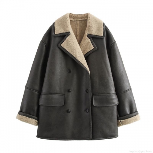 Women's Faux Shearling PU Leather Jacket Double Breasted Warm Winter Coat With Lapel Collar Faux Lamb Wool Lining Outwear Fashion Commuting Long Sleeve Jacket