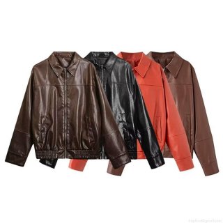 Women's American Vintage PU Faux Leather Jacket Casual Zipper Lapel Loose Fit Biker Coat Streetwear Outwear For Women Autumn Winter Fashion Windproof Jacket
