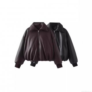 Women's Thickened PU Leather Bomber Jacket Oversized Lapel Zipper Moto Biker Coat Streetwear Winter Padded Outwear With Ribbed Cuffs