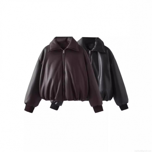 Women's Thickened PU Leather Bomber Jacket Oversized Lapel Zipper Moto Biker Coat Streetwear Winter Padded Outwear With Ribbed Cuffs