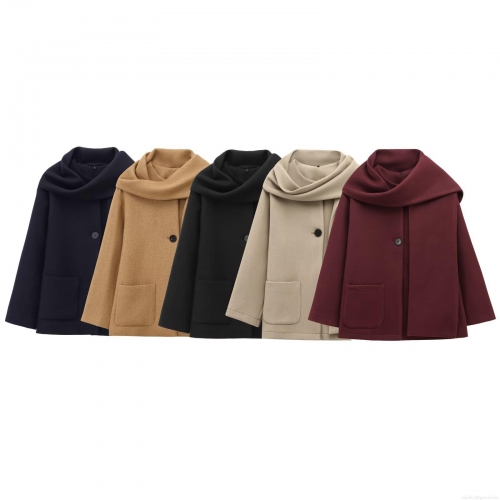 Women's Fashionable Woolen Look Coat With Scarf Long Sleeve One Button Mid-Length Polyester Blended Jacket Outerwear For Fall Winter Street Style Ladies Clothing