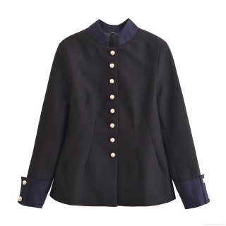 Women's Vintage Stand Collar Jacket With Gold Jewelry Buttons Black Contrast Patchwork Long Sleeve Outerwear For Streetwear Party Office Polyester Blazer Coat