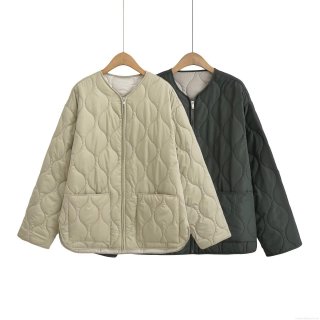 Women's Fashion Quilted Padded Jacket Round Neck Loose Zipper Outerwear Polyester Cotton Filling Casual Streetwear Winter Coat With Pockets