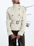 Women's Short Double-Breasted Trench Coat Jacket With Belt Solid Color Lapel Long Sleeve Windbreaker Outerwear For Spring Autumn Streetwear Fashion