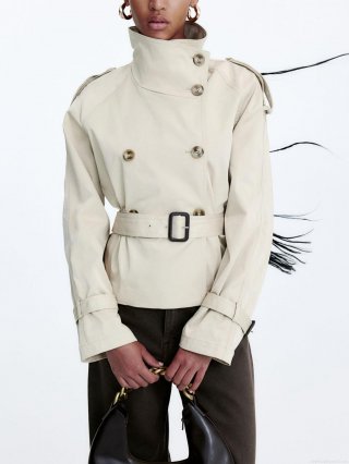 Women's Short Double-Breasted Trench Coat Jacket With Belt Solid Color Lapel Long Sleeve Windbreaker Outerwear For Spring Autumn Streetwear Fashion