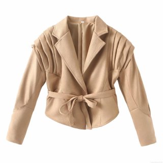 Women's Fashion Suede Short Jacket With Belt Pleated Shoulder Suit Collar Long Sleeve Solid Color Streetwear Outerwear Coat For Women