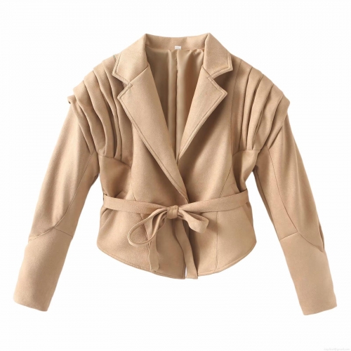 Women's Fashion Suede Short Jacket With Belt Pleated Shoulder Suit Collar Long Sleeve Solid Color Streetwear Outerwear Coat For Women