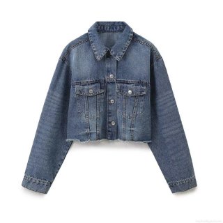 Women's Cropped Denim Jacket Frayed Hem Cotton Blend Jean Coat Casual Streetwear Outerwear For Women