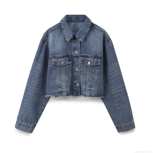 Women's Cropped Denim Jacket Frayed Hem Cotton Blend Jean Coat Casual Streetwear Outerwear For Women