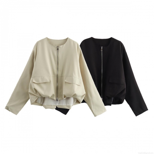 Women's Casual Solid Color Polyester Zip Up Jacket Round Neck Loose Fit Long Sleeve Coat With Pockets For Spring Autumn Streetwear