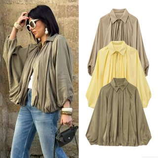 Women's Loose Pleated Lantern Sleeve Bomber Jacket Polyester Turn-down Collar Zipper Casual Outerwear Solid Color Spring Autumn Streetwear Fashion Coat