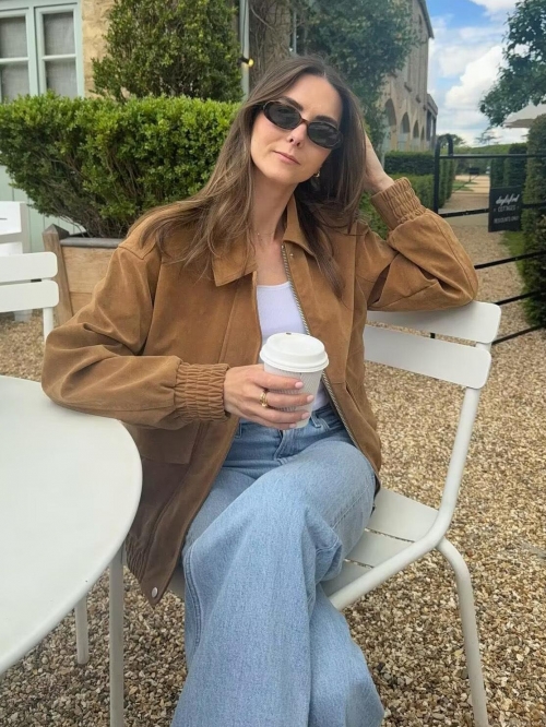 Women's Faux Suede Bomber Jacket Loose Fit Lapel Zip Up Outerwear Vintage Streetwear Fall Spring Coat for Ladies Solid Color Casual Jacket