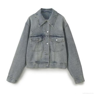 Women's Washed Distressed Denim Jacket Retro Grey Blue Lapel Long Sleeve Coat With Flap Pockets Casual Streetwear Outerwear For Women Spring Autumn