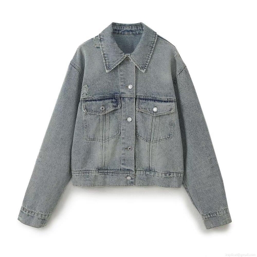Women's Washed Distressed Denim Jacket Retro Grey Blue Lapel Long Sleeve Coat With Flap Pockets Casual Streetwear Outerwear For Women Spring Autumn