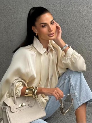 Women Pleated Lantern Sleeve Zip Up Jacket 100% Polyester Turn Down Collar Loose Casual Bomber Jacket Streetwear Fashion Coat For Women