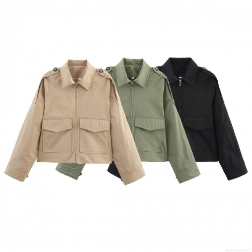 Women's Short Utility Trench Jacket Casual Solid Color Turn-down Collar Long Sleeve Zipper Windbreaker Coat With Epaulettes And Pockets Streetwear Fashion Outwear