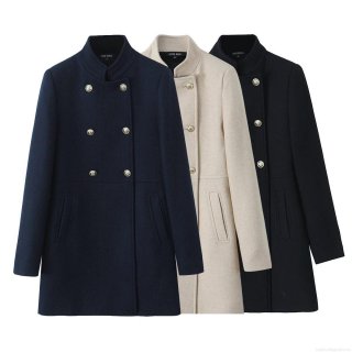 Women's Fashion Double Breasted Woolen Blend Coat Stand Collar Long Sleeve Solid Color Outerwear Metal Buttons For Autumn Winter Office Streetwear Lady