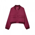 Women's Oversized Bomber Jacket Solid Burgundy Polyester Woven Coat With Single Breasted Snap Buttons Ribbed Trim Stand Collar Pockets Streetwear Outwear