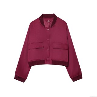 Women's Oversized Bomber Jacket Solid Burgundy Polyester Woven Coat With Single Breasted Snap Buttons Ribbed Trim Stand Collar Pockets Streetwear Outwear