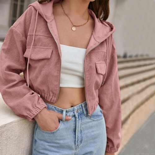 Women's Casual Pink Corduroy Hooded Jacket Ultra Short Loose Fit Long Sleeve Zipper Coat With Pockets Solid Color Autumn Winter Streetwear Outerwear
