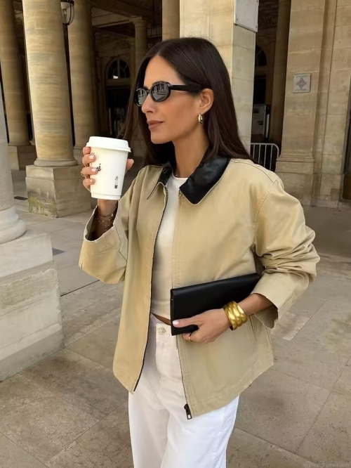 Women's Vintage Patchwork Color Block Jacket Long Sleeve PU Leather Lapel Zipper Outerwear Streetwear Casual Polyester Baseball Coat For Women