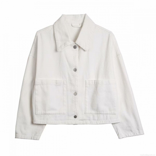 Women's Oversized White Cotton Denim Shirt Jacket Casual Long Sleeve Lapel Collar Button Down Outerwear With Pockets Solid Color Streetwear Top For Spring Fall