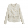 Women's Elegant Ivory Tweed Jacket With Belt Gold Embossed Buttons Round Neck Long Sleeve Classic Cream Short Coat For Office Daily Autumn Winter Outerwear